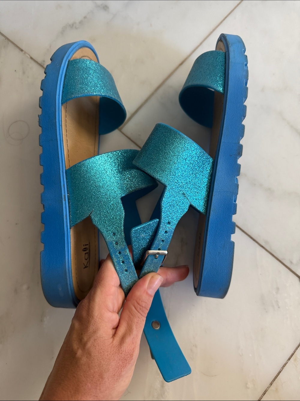 Kali blue glitter dual strap heel wrap buckled sandals women’s 9 - Picture 10 of 11